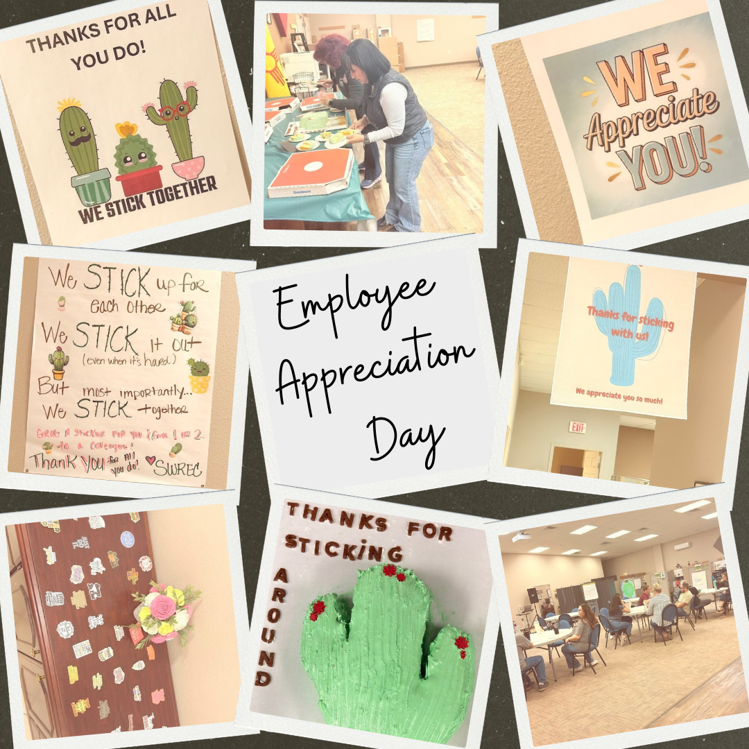 A square photo collage celebrating Employee Appreciation Day with a cactus theme. The center features a white square with the handwritten text 