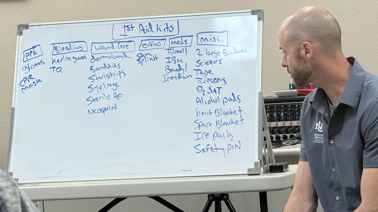 First Aid Kit list on whiteboard