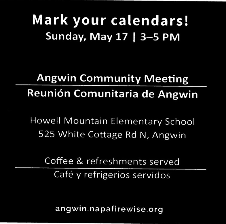 Mark your calendars! Sunday, May 17 | 3-5 PM - Angwin Community Meeting flyer