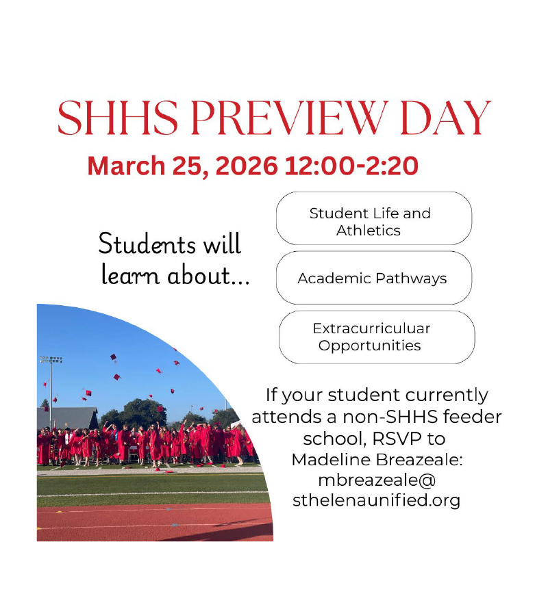 SHHS Preview Day is on March 25, 2026, from noon to 2:20 p.m. Students will learn about student life and athletics, academic pathways, and extracurricular opportunities. If your student currently attends a non-SHHS feeder school, RSVP to Madeline Breazeale via email.