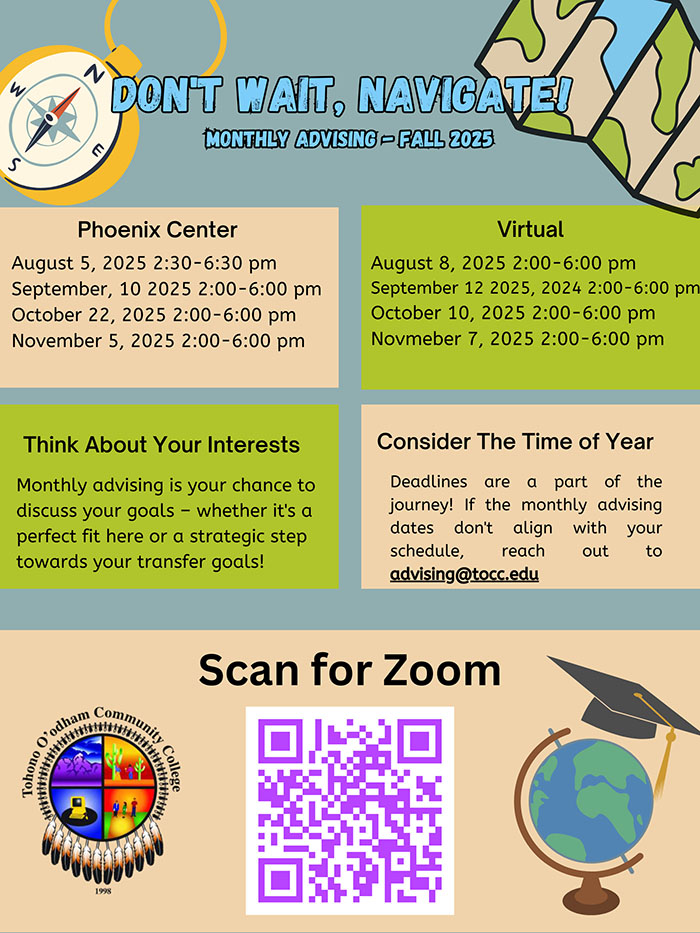 Don't Wait, Navigate! Monthly Advising - Fall 2025 flyer
