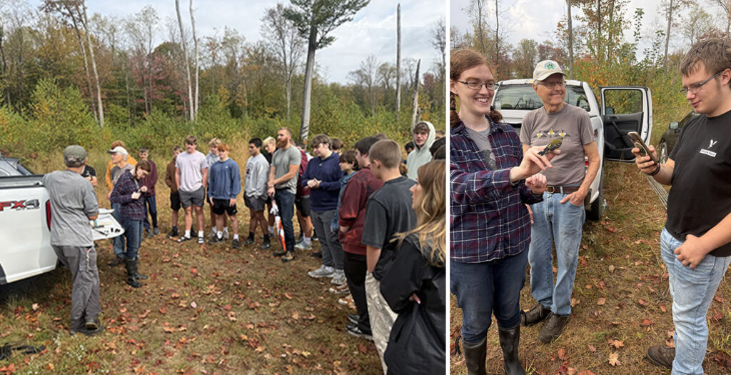 Group of students circled around leaders to learn about forest management