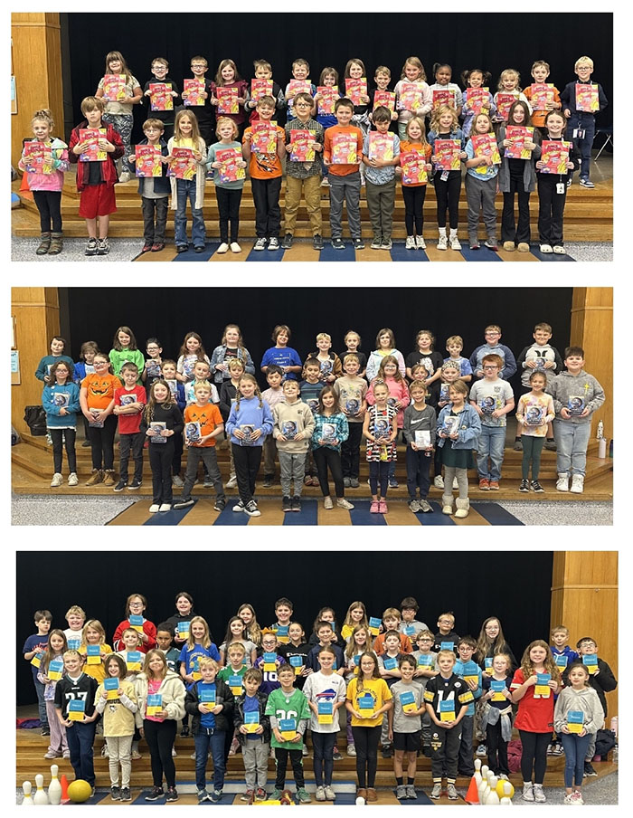 Photo collage of elementary students receiving a book donation