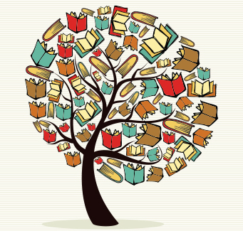 Drawing of a tree with colorful books as leaves