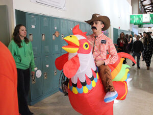 Student wearing a funny chicken costume