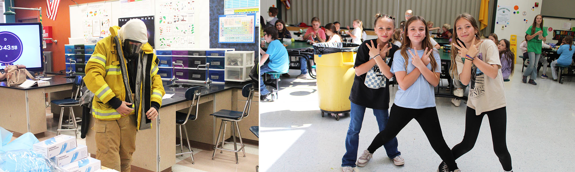 Fireman and three girls giving peace signs