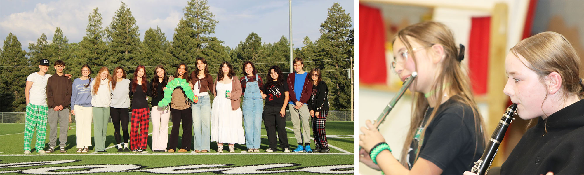 High school students on the football field next to two girls playing musical instruments