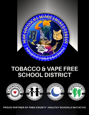 School logos with words Tobacco & vape free school district. Proud partners of PIMA County Health Schools Initiative.