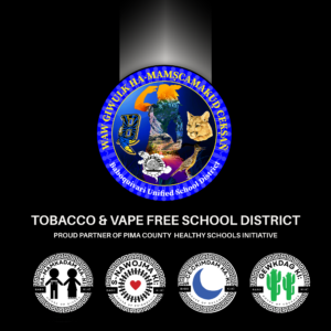 School logos with words Tobacco & vape free school district. Proud partners of PIMA County Health Schools Initiative.