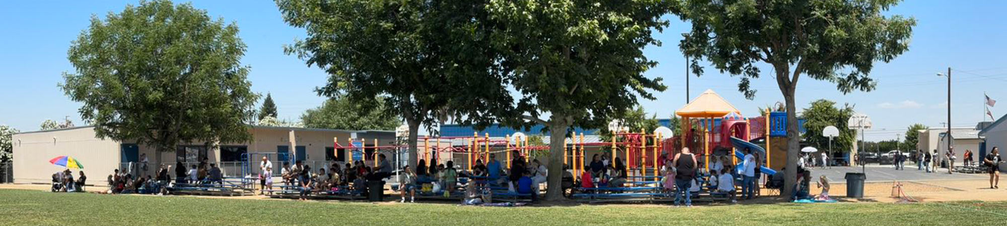 View of the school playground and bleachers outside