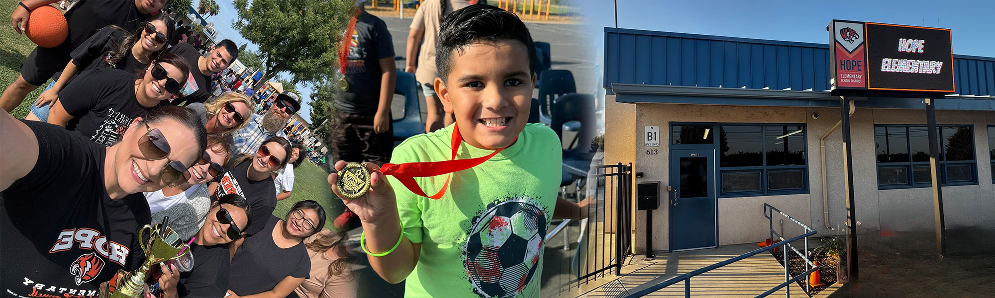 Staff members holding a trophy, Student wearing his medal, and the front of the Hope Elementary School building