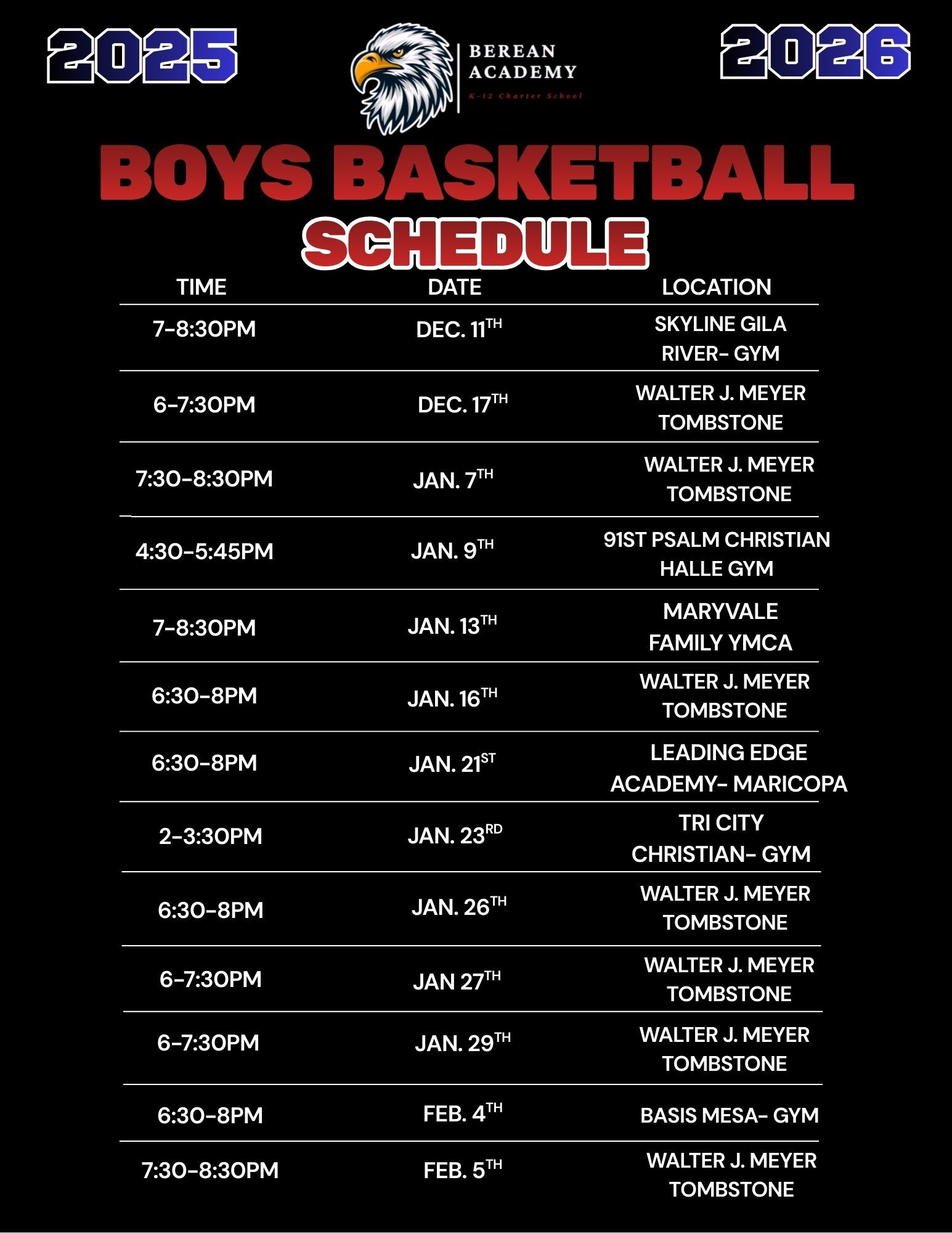 Boys Basketball Schedule for 2025-2026