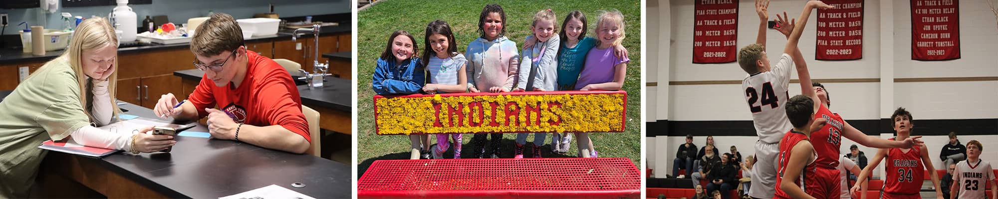 Elementary students enjoying a parachute activity outside, spirited students running with flag, and two cheerleaders