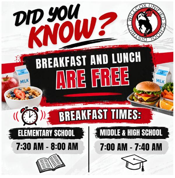 Did you know? Breakfast and lunch are free. Breakfast times: Elementary School 7:30–8:00 a.m.; Middle and High School 7:00–7:40 a.m.