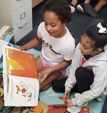 Students reading a book together