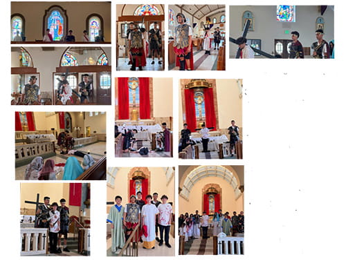 Photos of eight graders presentation of the Stations of the Cross