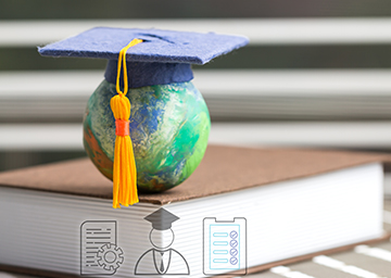 Globe with graduation cap on top of a book