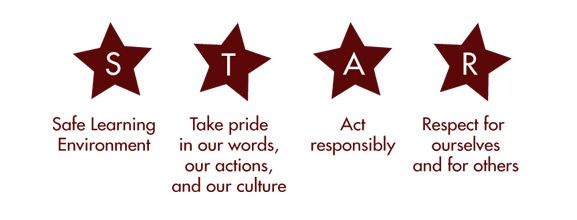 alt="STAR - Safe learning environment. Take pride in our words, our actions, and our culture. Act responsibly. Respect for ourselves and for others."