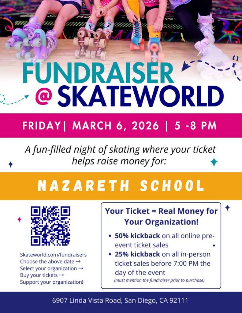 Save the date! March 6 - 8th Grade Fundraiser - SkateWorld March 6 from 5:00 - 9:00 p.m. - Link to purchase tickets soon!