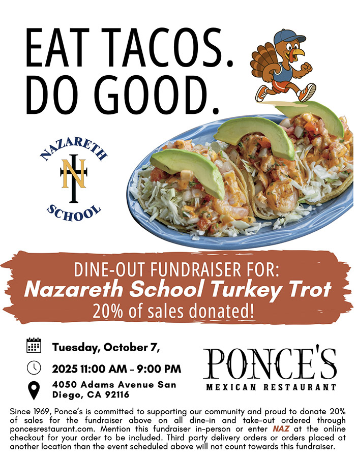 Eat Tacos. Do Good. Dine-out fundraiser for Nazareth School Turkey Trot flyer