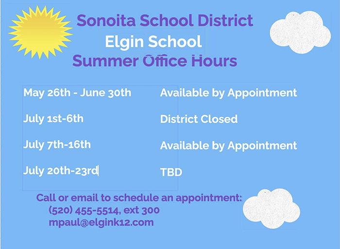 Sonoita School District Elgin School Summer Office Hours flyer