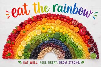 The words "Eat the Rainbow. Eat well. Feel great. Grow strong." wrapped around food shaped as a rainbow