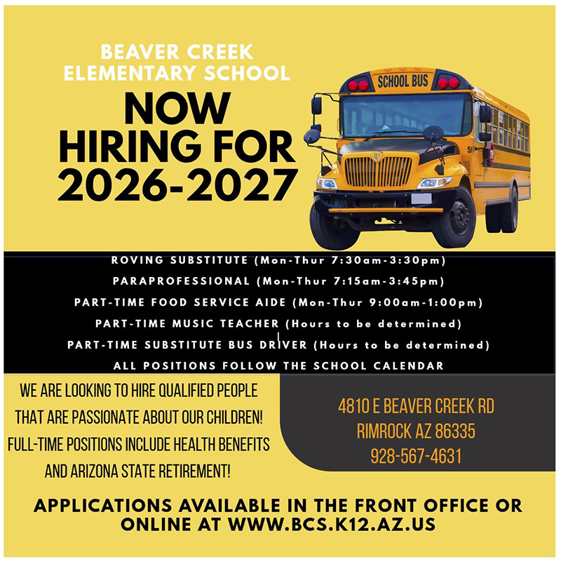 Beaver Creek Elementary School Now Hiring for 2026-2027 flyer